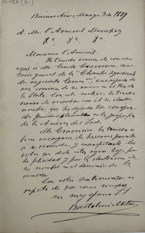 Lettre de l'ancien président argentin Bartolomé Mitre