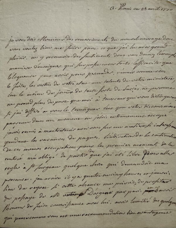 Lettre de Michel Etienne Le Peletier de Saint-Fargeau, père du révolutionnaire