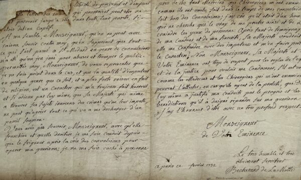 Très rare lettre du convulsionnaire Louis-François de Bécherand, datée de 1732