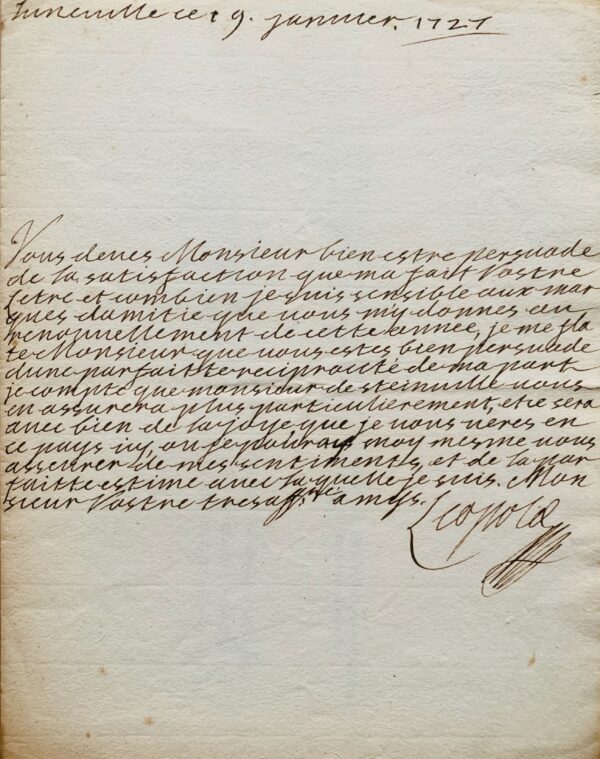 Belle lettre entièrement autographe du duc Léopold 1er de Lorraine