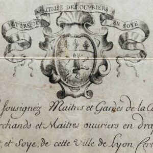 Brevet de maîtrise d'ouvrier en soie de Lyon du début du XVIIIe