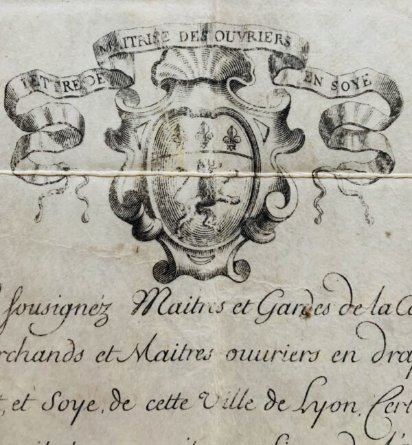Brevet de maîtrise d'ouvrier en soie de Lyon du début du XVIIIe