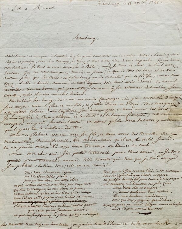 Très rare lettre d'Antoine de Rivarol évoquant la mort de Louis XVI