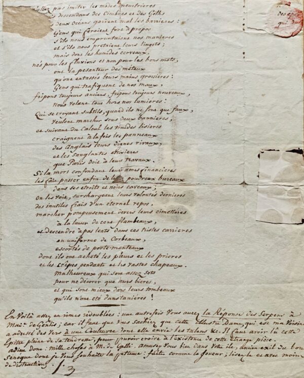 Très rare lettre d'Antoine de Rivarol évoquant la mort de Louis XVI