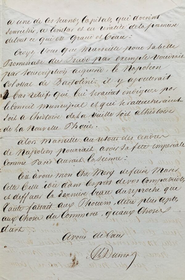 Alexandre Dumas propose à Méry de faire élever la sculpture monumentale du Napoléon de Bartolini sur la promenade du Prado à Marseille