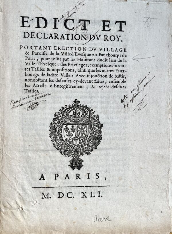 Déclaration du Roy portant érection du village de la Ville-l'Evêque en faubourg de Paris