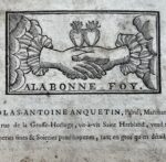 Belle carte publicitaire du XVIIIe du drapier rouennais Nicolas-Antoine Anquetin, ornée d'une fides