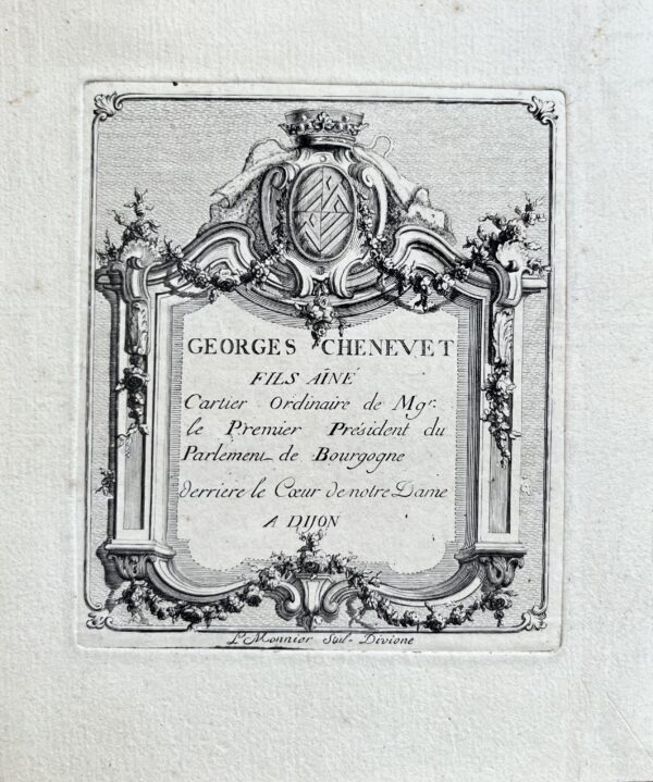 Superbe carte publicitaire gravée du XVIIIe du cartier dijonnais Georges Chenevet