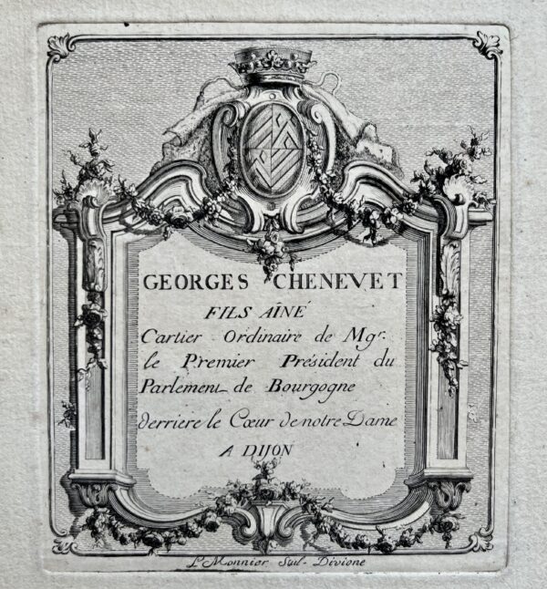 Superbe carte publicitaire gravée du XVIIIe du cartier dijonnais Georges Chenevet