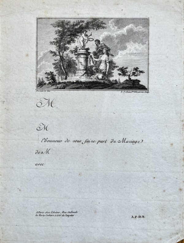 Magnifique faire-part de mariage vierge du XVIIIe siècle, figurant un couple devant cupidon