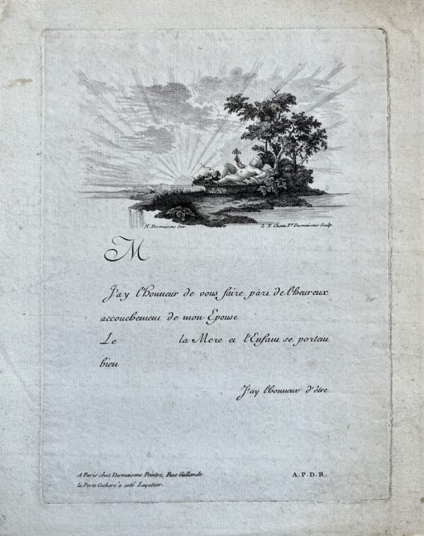 Magnifique faire-part de naissance vierge du XVIIIe siècle, illustré d'un bébé tenant un hochet