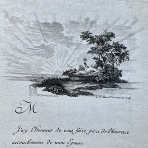 Magnifique faire-part de naissance vierge du XVIIIe siècle, illustré d'un bébé tenant un hochet