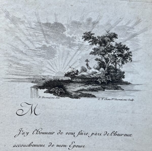 Magnifique faire-part de naissance vierge du XVIIIe siècle, illustré d'un bébé tenant un hochet