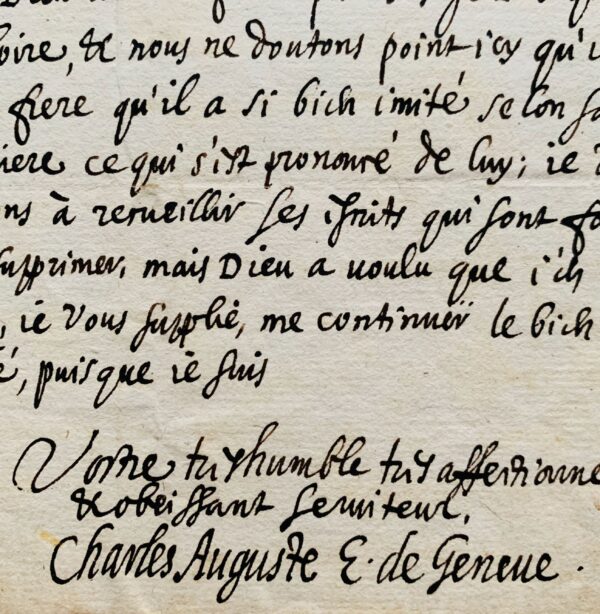 Belle et rare lettre du prince-évêque de Genève, Charles-Auguste de Sales, évoquant saint François de Sales