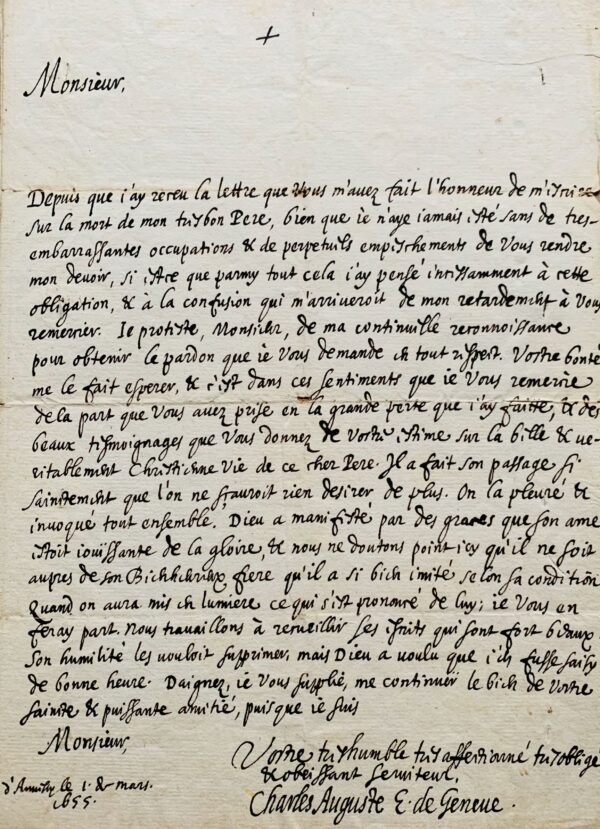 Belle et rare lettre du prince-évêque de Genève, Charles-Auguste de Sales, évoquant saint François de Sales
