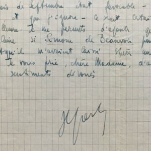 Très belle lettre de Jean-Paul Sartre sur les préparatifs de son voyage en Chine avec Simone de Beauvoir