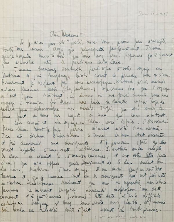 Très belle lettre de Jean-Paul Sartre sur les préparatifs de son voyage en Chine avec Simone de Beauvoir