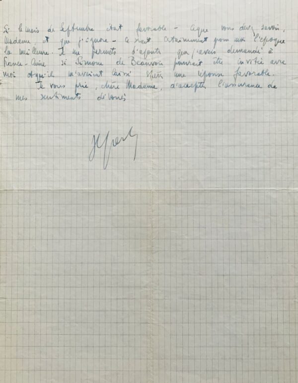 Très belle lettre de Jean-Paul Sartre sur les préparatifs de son voyage en Chine avec Simone de Beauvoir