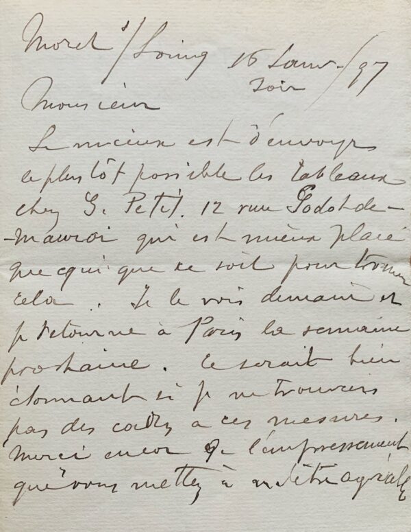 Alfred Sisley envoi des tableaux à son galeriste Georges Petit