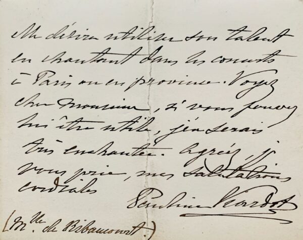 Pauline Viardot vient en aide à une amie cantatrice, Mlle de Ribeaucourt
