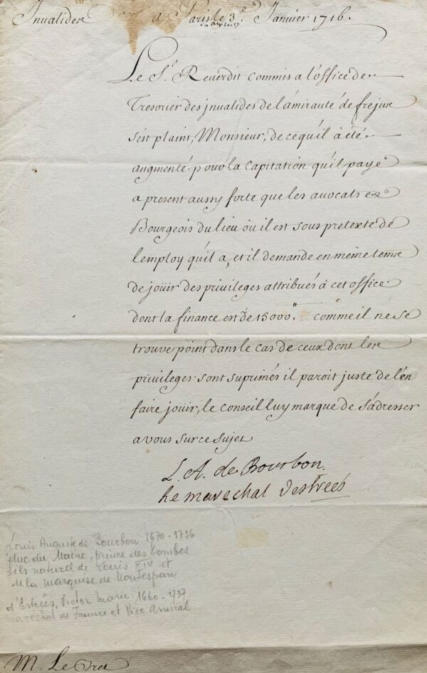 Le duc du Maine et le maréchal d'Estrées interviennent pour les privilèges de l'amirauté de Fréjus