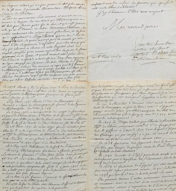 Longue lettre de 1767 du curé de Château-Chinon, faisant un état des lieux de la ville et de ses habitants