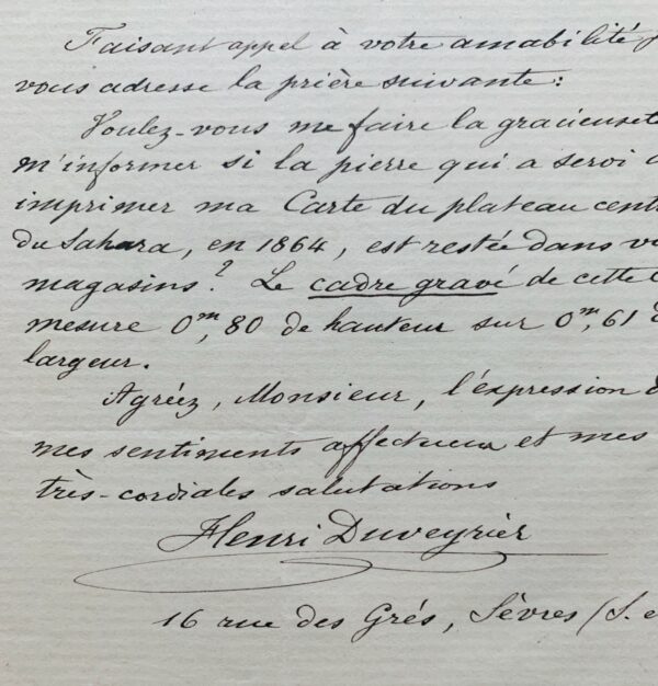 L'explorateur Henri Duveyrier se renseigne sur la pierre lithographique de sa carte du Sahara