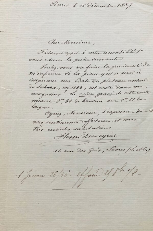 L'explorateur Henri Duveyrier se renseigne sur la pierre lithographique de sa carte du Sahara