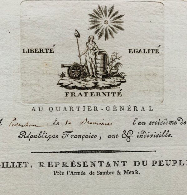 Lettre du conventionnel Pierre-Mathurin Gillet ornée d'une belle vignette emblématique signée Jacowick