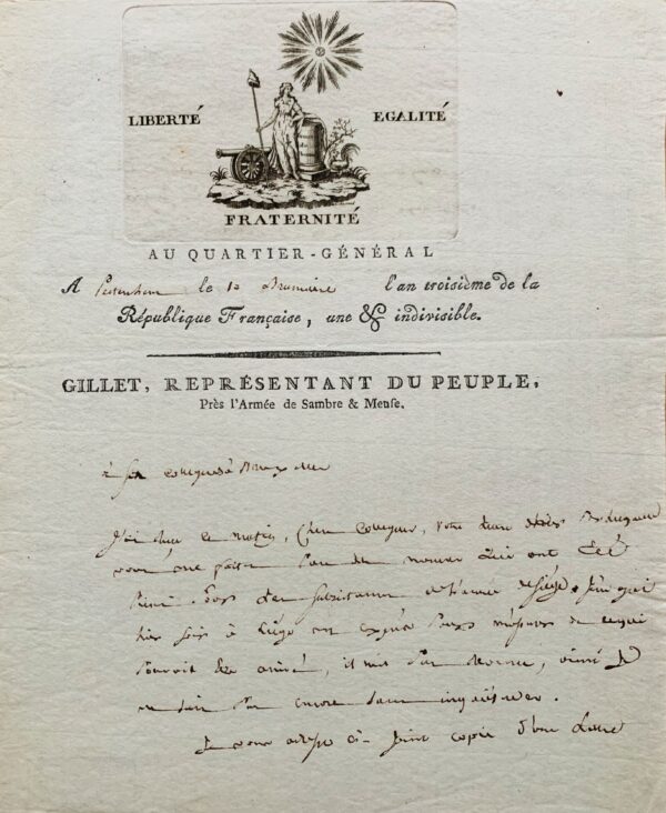 Lettre du conventionnel Pierre-Mathurin Gillet ornée d'une belle vignette emblématique signée Jacowick