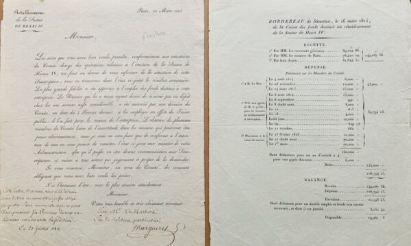 Dossier sur le rétablissement de statue d'Henri IV sur le Pont-Neuf en 1818