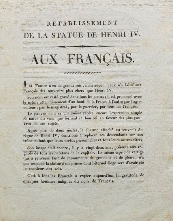 Dossier sur le rétablissement de statue d'Henri IV sur le Pont-Neuf en 1818