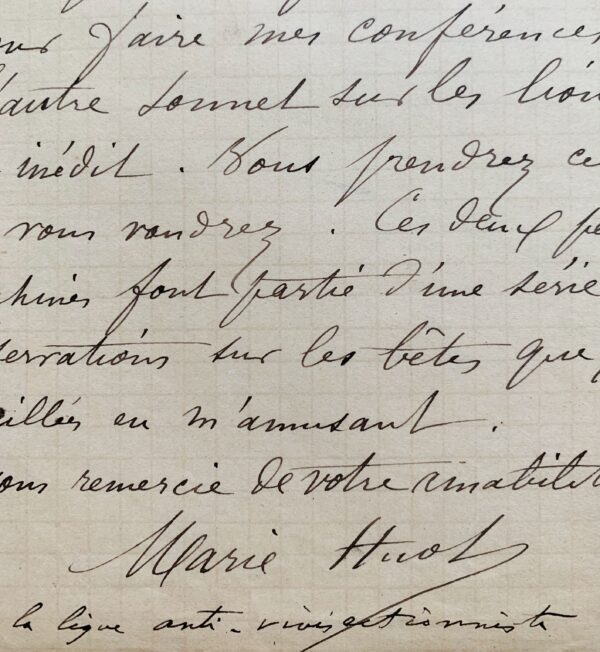 Correspondance de la militante féministe Marie Huot sur son combat contre la vivisection