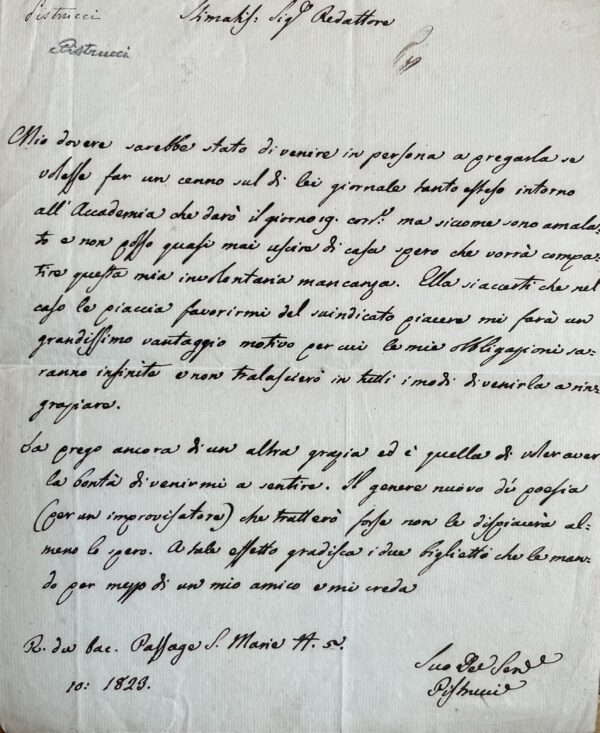 Lettre peu commune du poète italien Filippo Pistrucci
