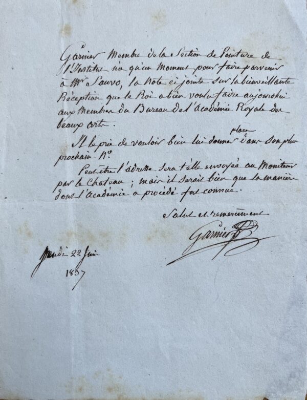 Le peintre Etienne-Barthélemy Garnier évoque une réception à l'Académie de Beaux-Arts