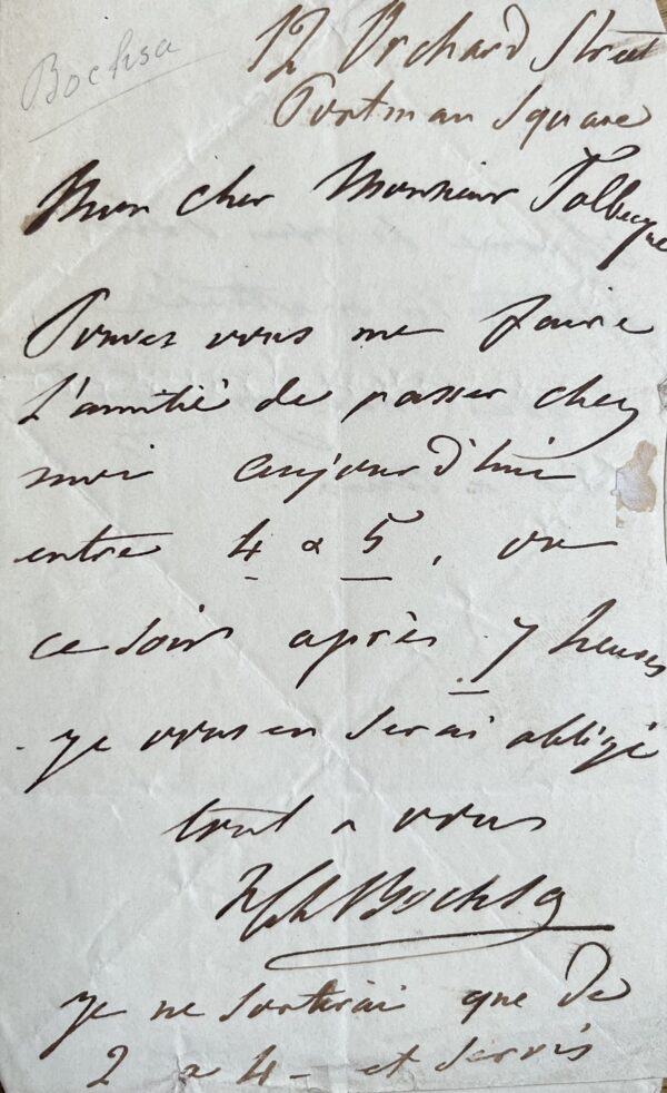 Rare billet du harpiste et compositeur Nicolas-Charles Bochsa, ancien élève de Méhul