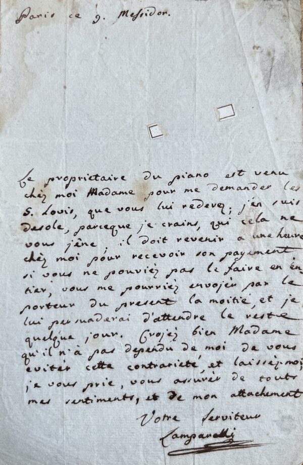 Le compositeur Antoine Lamparelli se fait l'intermédiaire pour le paiement d'un piano