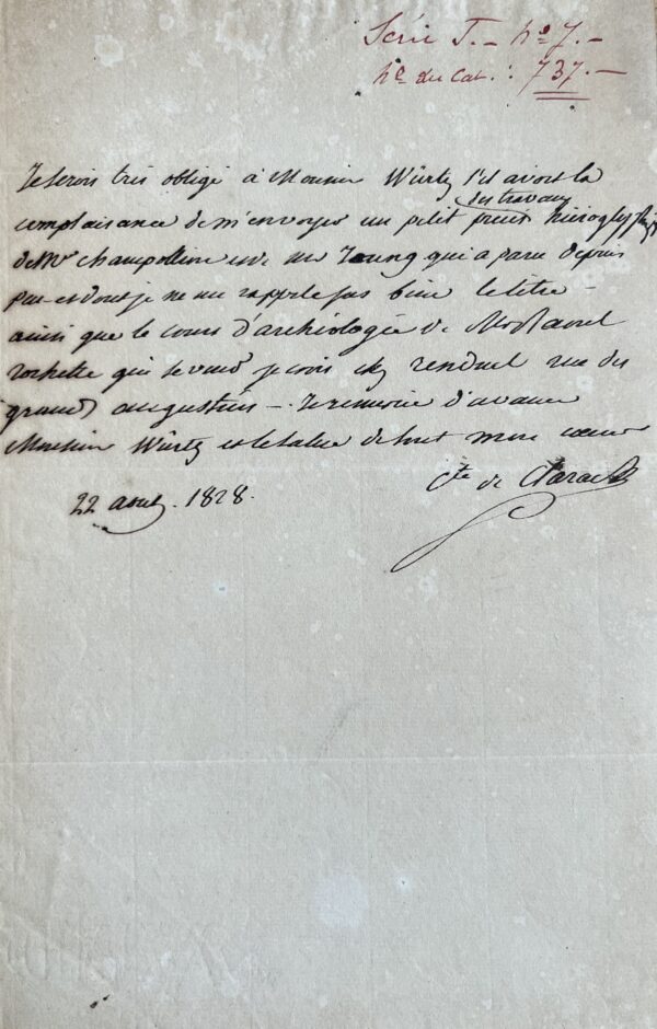 Le comte de Clarac se procure les travaux hiéroglyphiques des égyptologues Champollion et Young