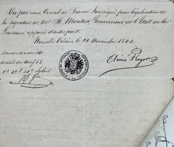 1844 : document signé par Alexandre Mouton, gouverneur de Louisiane