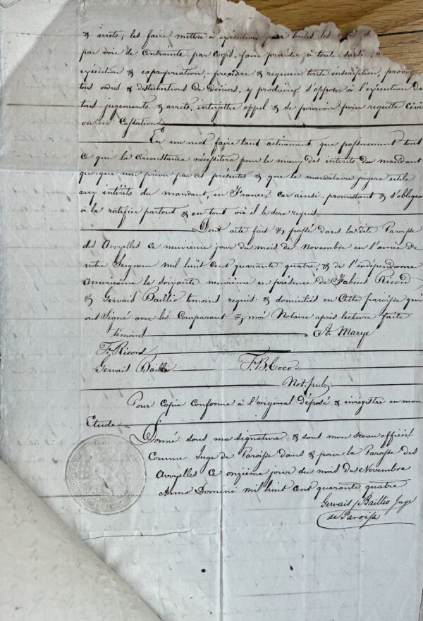 1844 : document signé par Alexandre Mouton, gouverneur de Louisiane