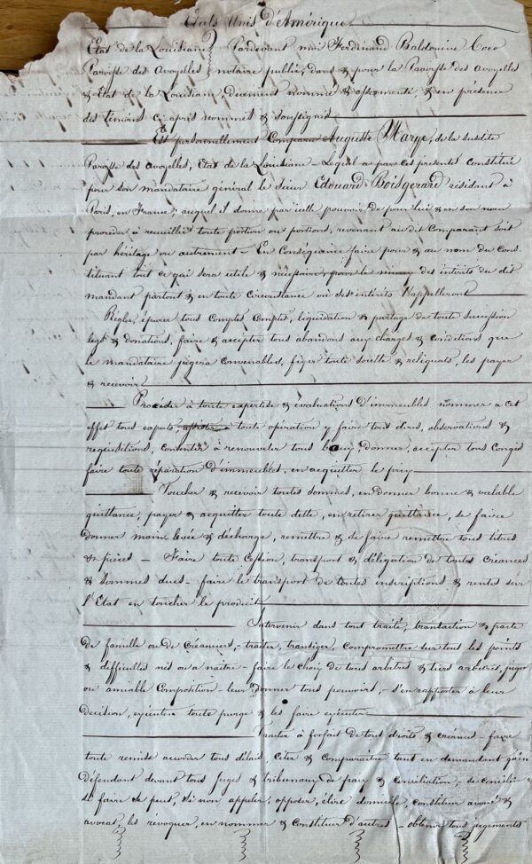 1844 : document signé par Alexandre Mouton, gouverneur de Louisiane