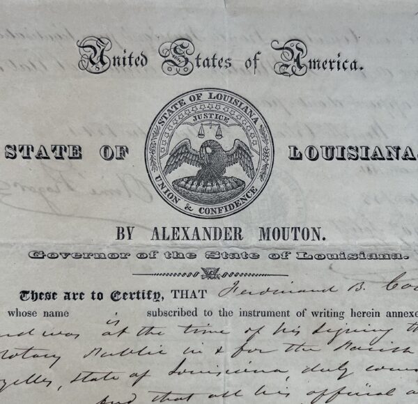 1844 : document signé par Alexandre Mouton, gouverneur de Louisiane