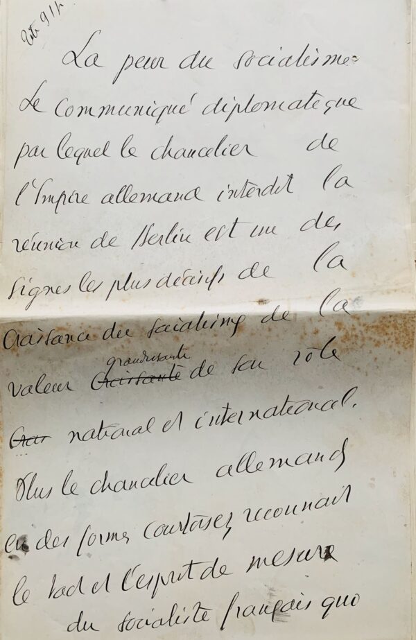 Très important manuscrit de Jean Jaurès sur le socialisme en réaction à son interdiction de venir à Berlin.