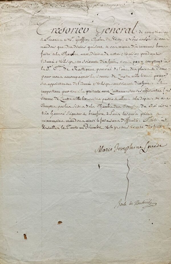 La comtesse de Provence, Marie-Joséphine de Savoie, rétribue sa dame de compagnie, la comtesse de Rastignac