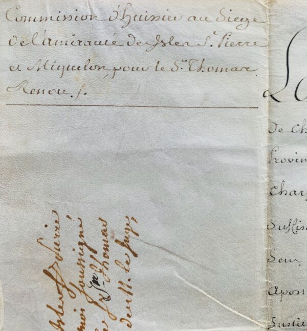 Un nouvel huissier nommé à l'amirauté de Saint-Pierre-et-Miquelon en 1789