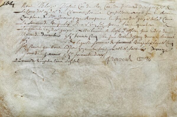 Quittance de 1662 signée par Blaise Pascal, seigneur de Montel
