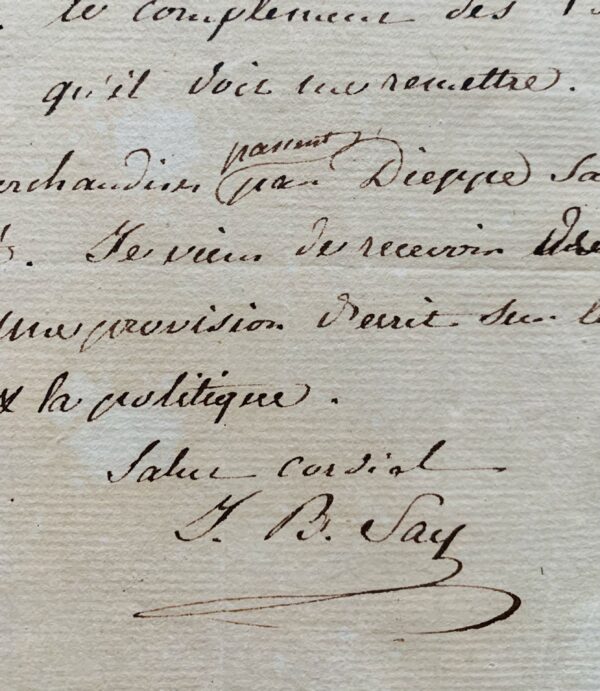 Lettre de Jean-Baptiste Say à Arthus Bertrand après la publication de "De l'Angleterre et des Anglais"