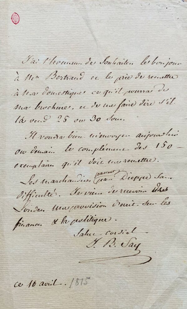 Lettre de Jean-Baptiste Say à Arthus Bertrand après la publication de "De l'Angleterre et des Anglais"