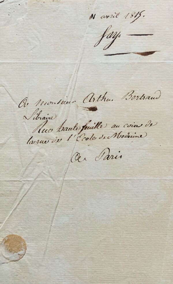 Lettre de Jean-Baptiste Say à Arthus Bertrand après la publication de "De l'Angleterre et des Anglais"