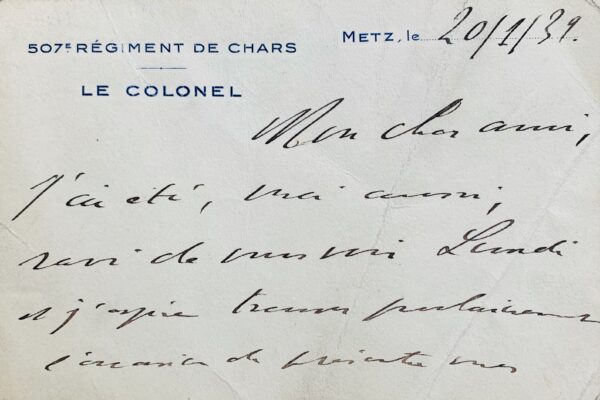 Lettre de 1939 du colonel Charles de Gaulle à Jean Auburtin